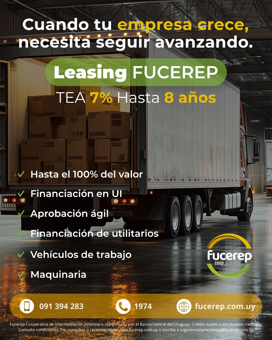 Leasing FUCEREP: TEA 7%, hasta 8 años. Financiación de utilitarios, maquinaria y vehículos de trabajo, hasta el 100% del valor, con aprobación ágil.