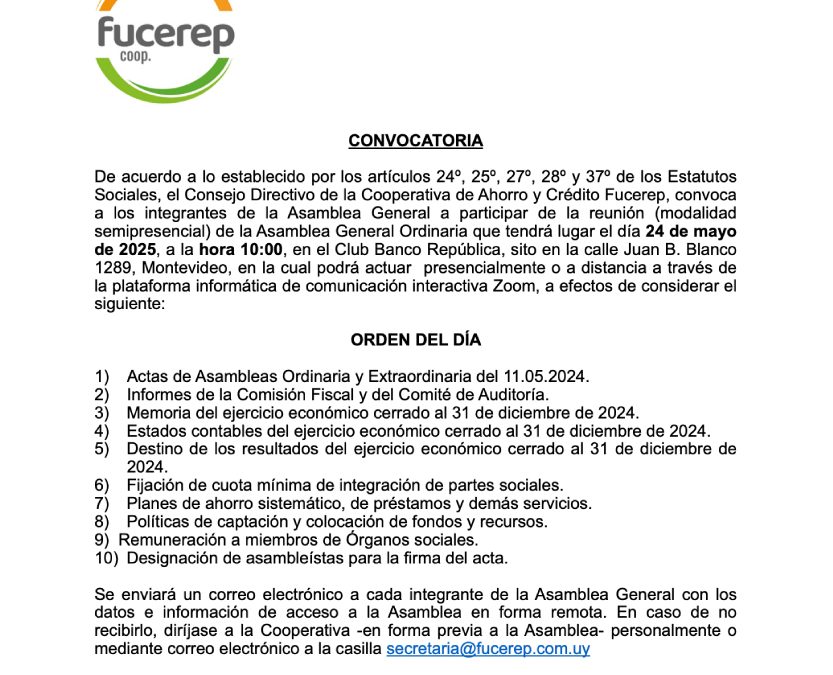 Convocatoria a Asamblea del 24/5/2025